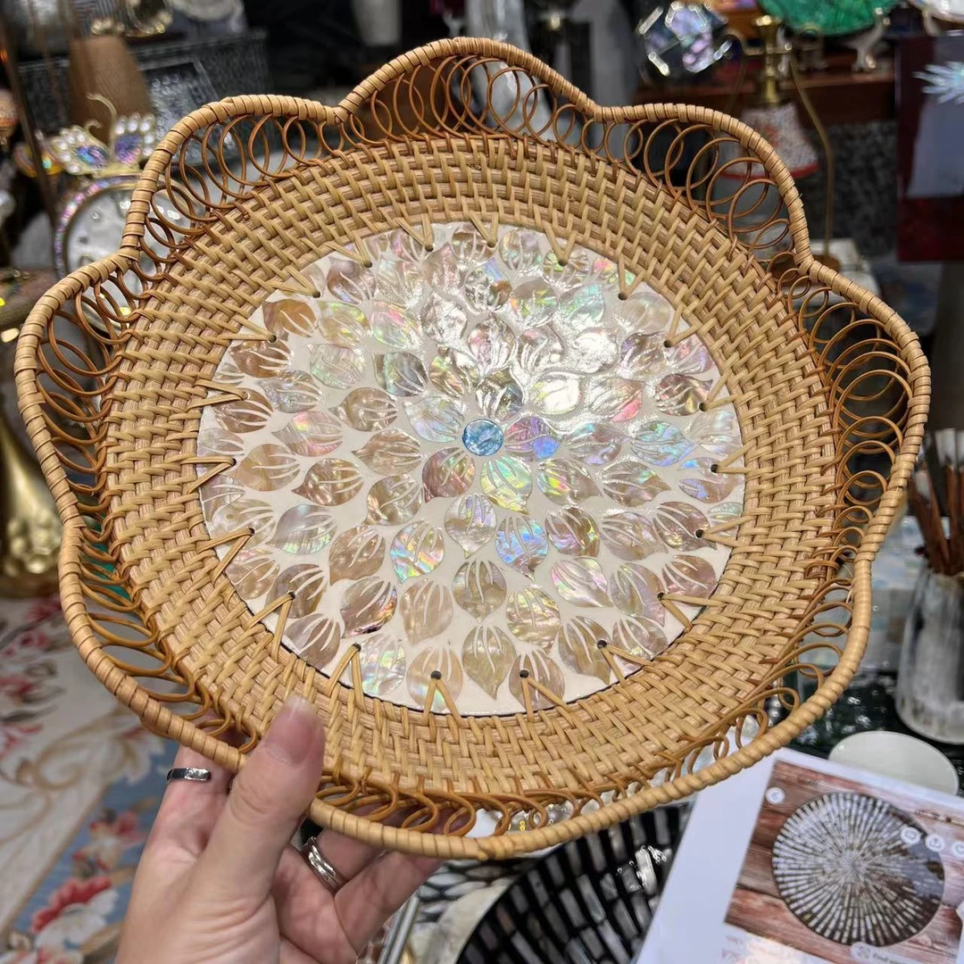 HH-【镂空金莲花】越南天然植物秋藤编织果盘日式波浪边30*6