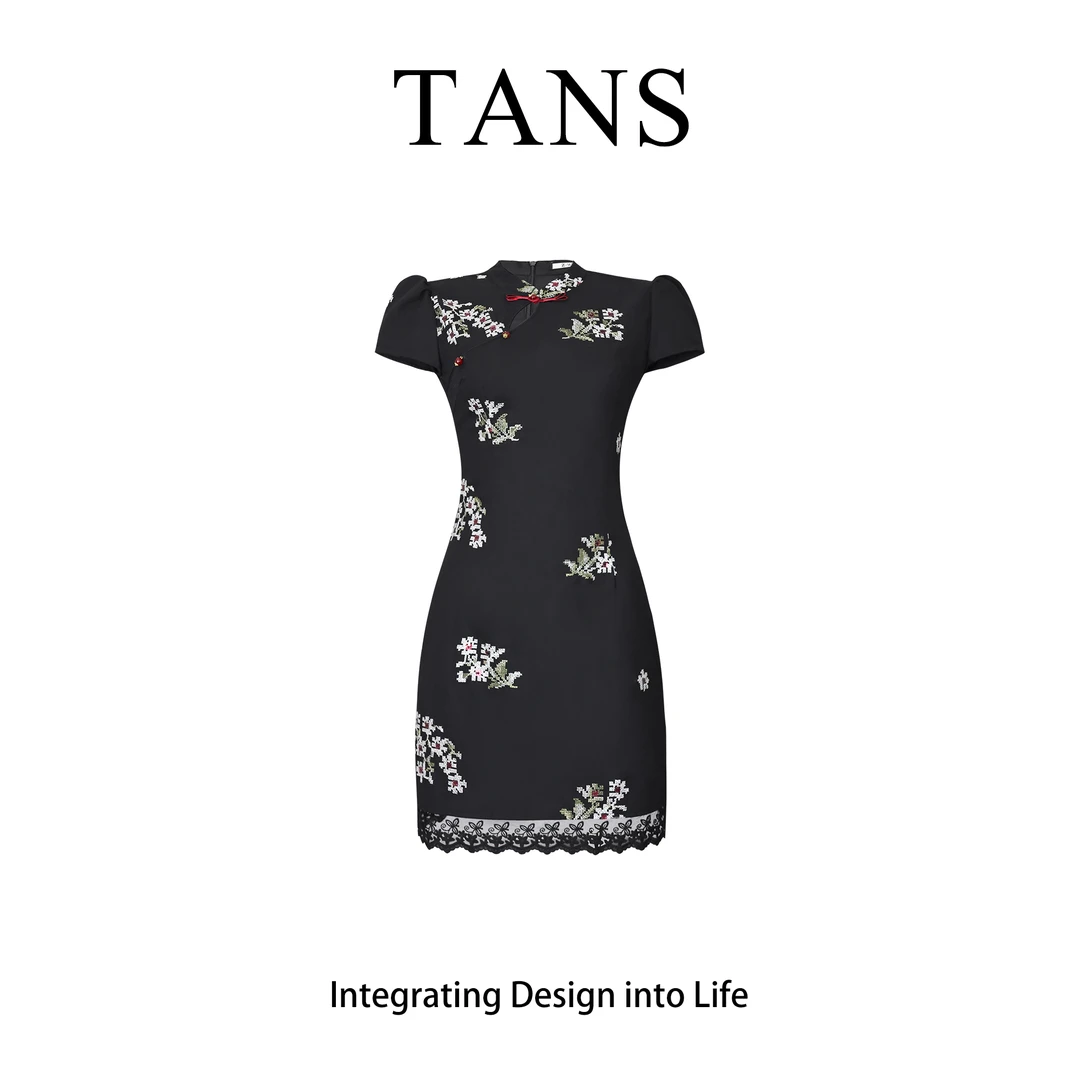 现货 TANS【石竹花】新中式国风气质蕾丝拼接设计感改良旗袍女