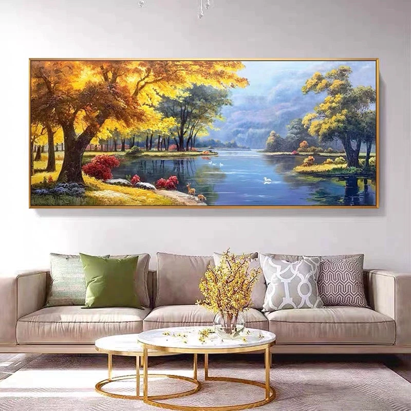 聚宝盆天鹅山水风景纯手绘油画客厅沙发背景墙挂画大芬村装饰画