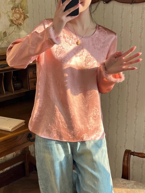 龙娴服饰新中式醋酸袖口拼水貂毛打底