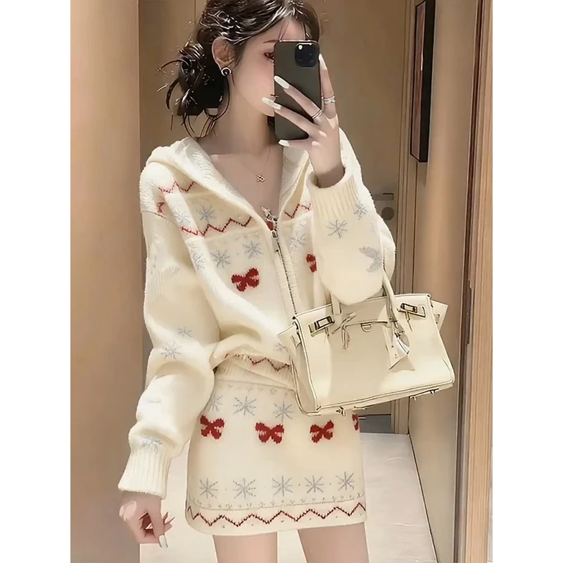 韩系秋冬chic针织套装女2025新款圣诞风针织上衣减龄半身裙两件套