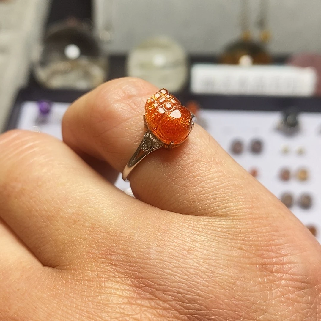 日光石戒指银S925镶嵌金太阳貔貅戒指