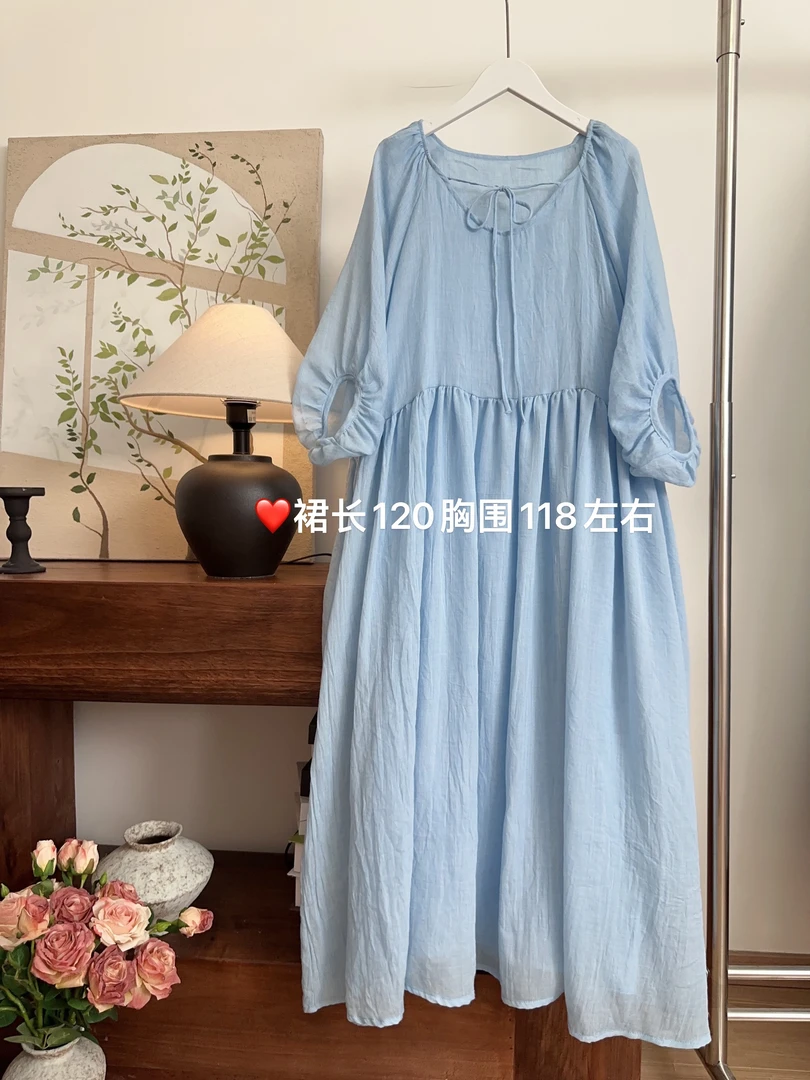 可衣-【月上西楼】夏季新款森系圆领系带连衣裙温柔甜美中长款