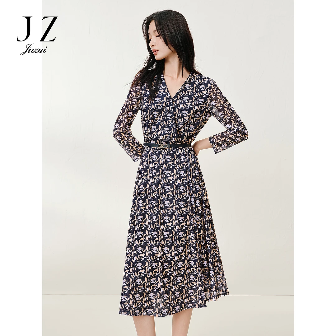 【羊羊专属】JUZUI玖姿JTFQ50008通勤风网布印花收腰连衣裙2025