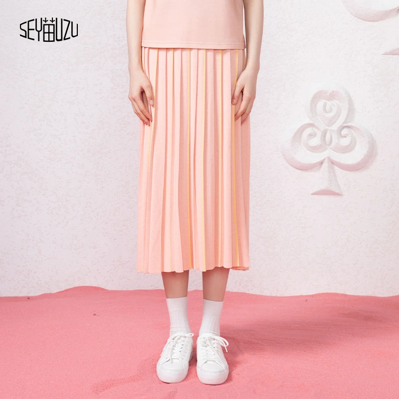 SEY苗UZU雨竹苗2025年新款条纹百褶半身裙女垂坠感显瘦休闲中长裙
