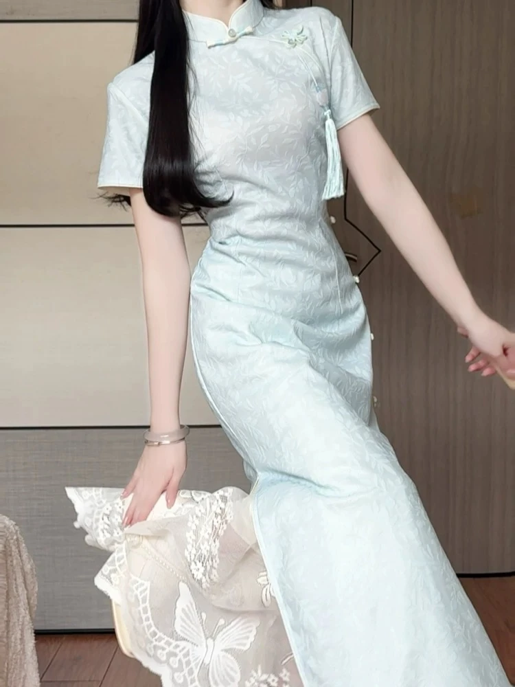 淡蓝色旗袍长款新中式清冷感修身收腰夏季新款年轻少女日常连衣裙