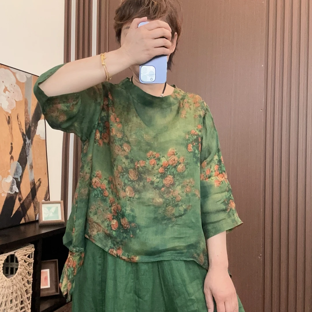 C3154夏季薄款苎.麻印花上衣女不规则下摆侧盘扣开衩中袖56