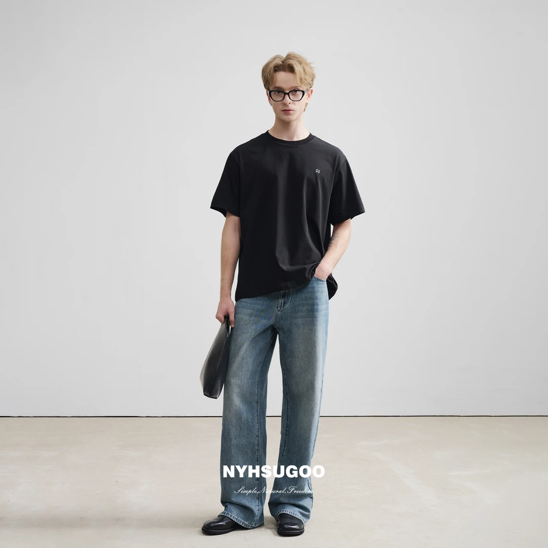 NYHSUGOO/南乙3587夏男士开腰牛仔喷马骝洗水工艺炒盐水洗牛仔裤