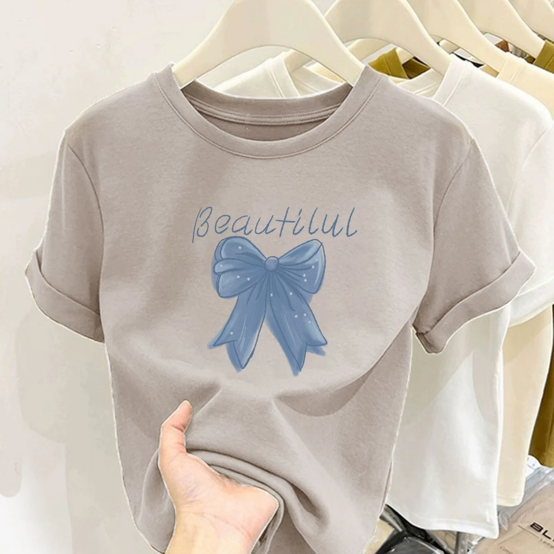 2025新款圆领Beautiful蓝色蝴蝶结短款印花纯棉短袖T恤小个子上衣