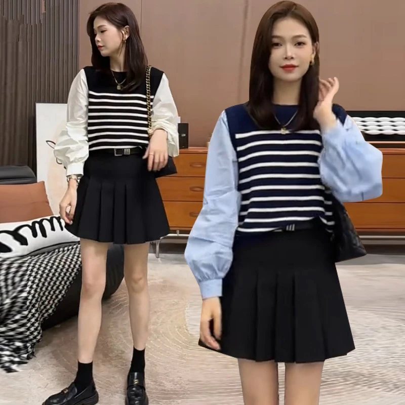 TUCANO/啄木鳥假两件拼接条纹针织衬衫女2024秋显瘦百搭叠穿上衣