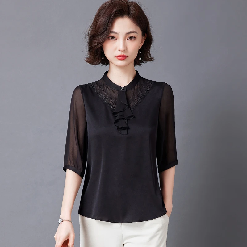杭州桑蚕丝短袖拼接刺绣纯色短袖衬衫黑色夏季宽松镂空打底高端妈