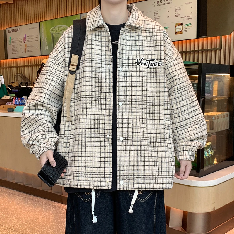 青少年新款毛呢格子外套潮流百搭学生翻领夹克宽松休闲帅气上衣男