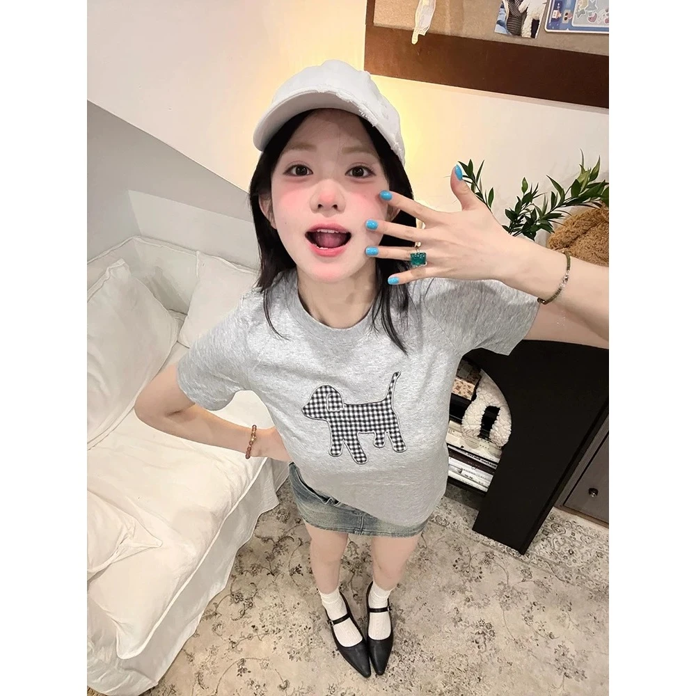 夏季2025新款格子小狗印花短袖正肩t恤女圆领韩版修身显瘦上衣女