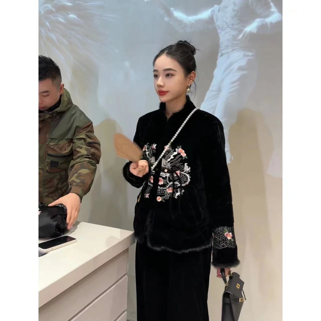 现货【以沫时光】新中式休闲百搭水貂毛白鸭绒国风刺绣羽绒服