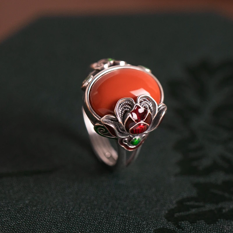 小银匠红玛瑙S925银戒指女中国风复古红色本命年中式古风手饰礼物