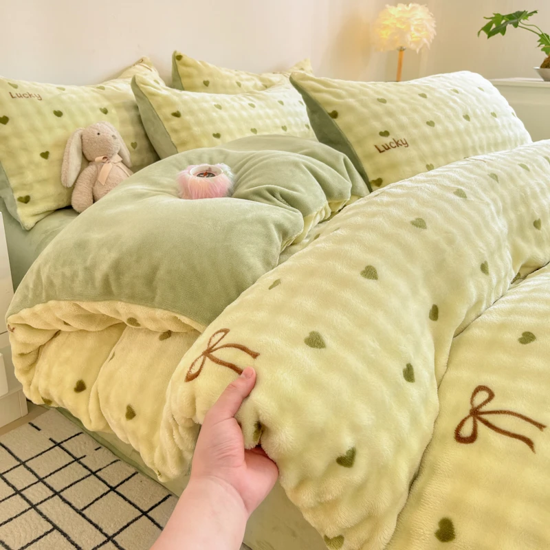 冬季泡泡绒牛奶绒四件套家用高档床单被套加厚加绒床上三件套保暖