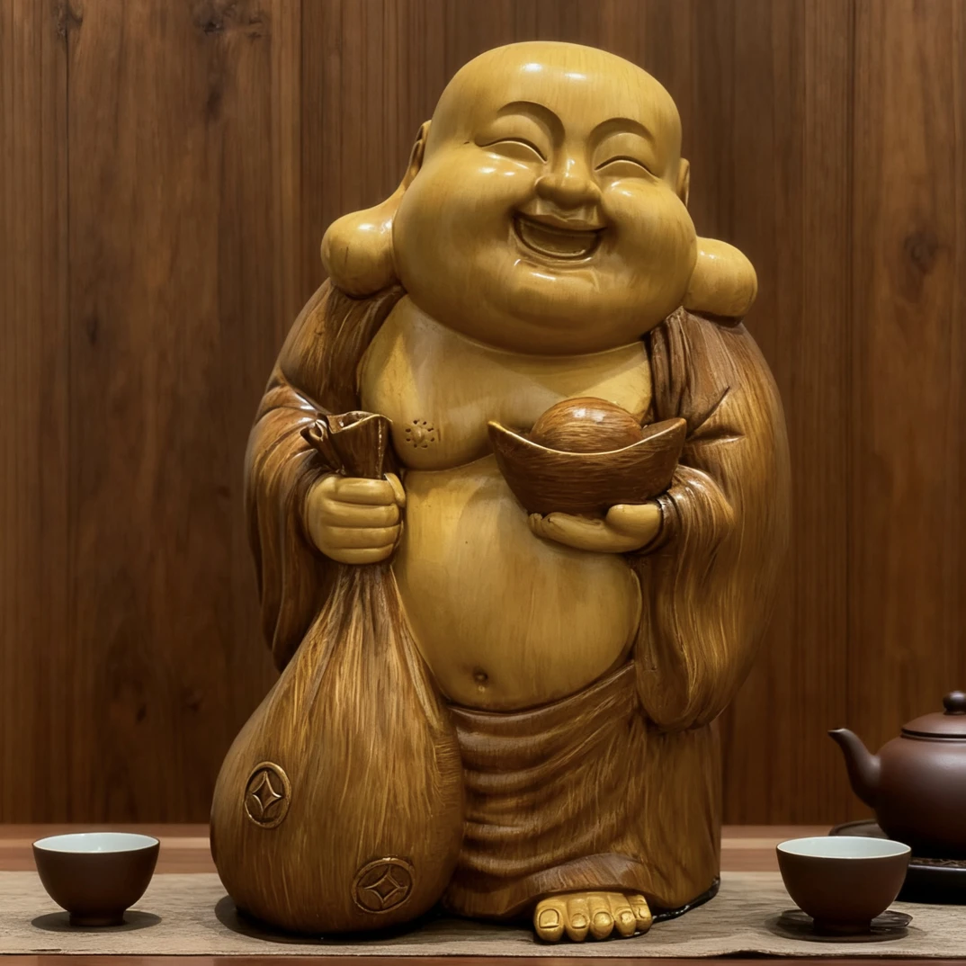 弥勒佛摆件2025新款茶室摆件装饰品仿木雕增添家居财神爷店铺摆件