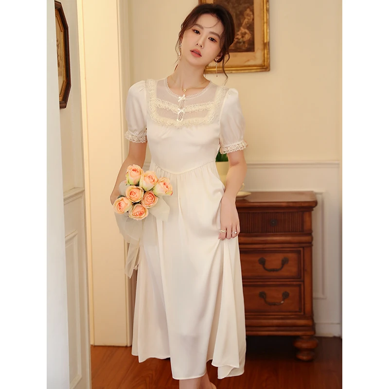 【墨玉连衣裙】法式赫本风睡裙女夏款白色冰丝连衣裙性感蕾丝家居服