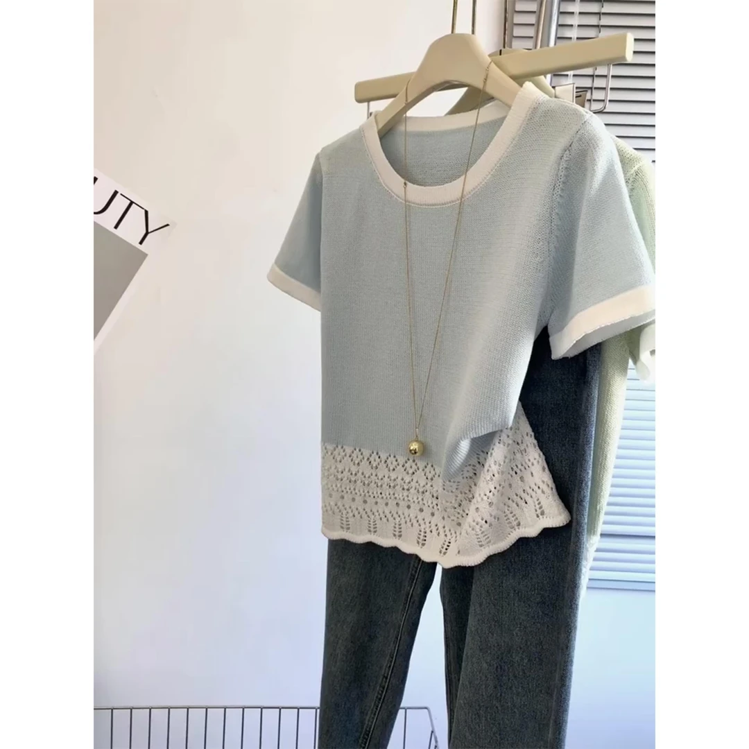 温柔风撞色蓝色镂空拼接短袖t恤女夏季时尚休闲百搭显瘦针织上衣