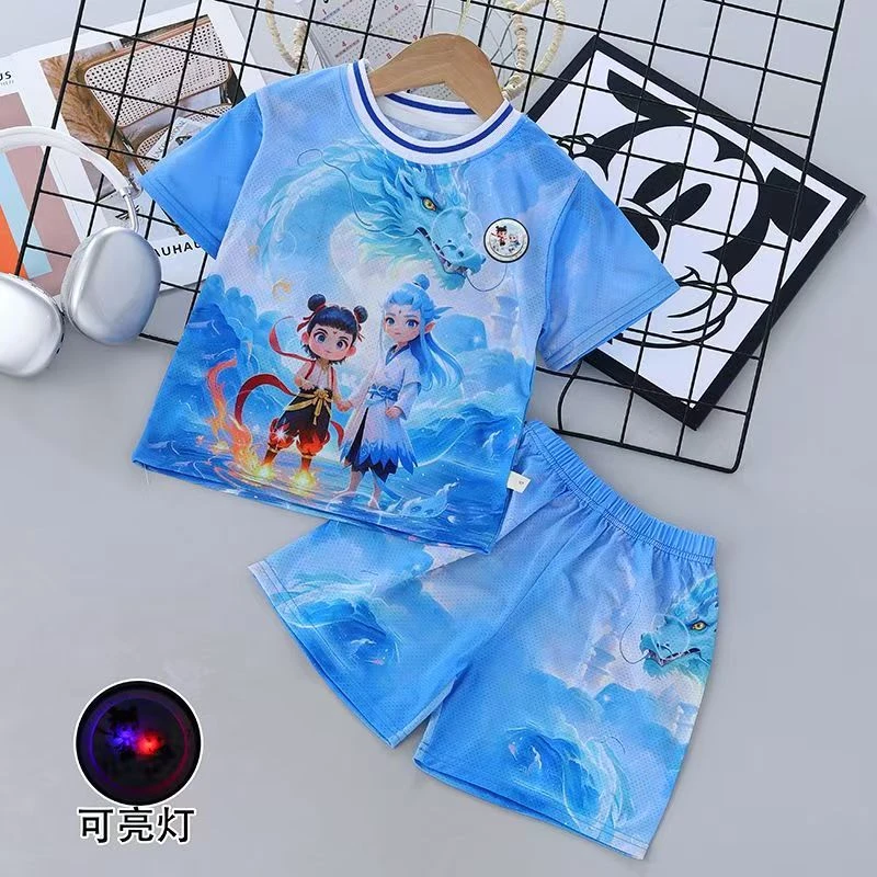 儿童夏季套装哪吒主题运动衣服洋气男女通用冰丝清凉宝宝帅气2026