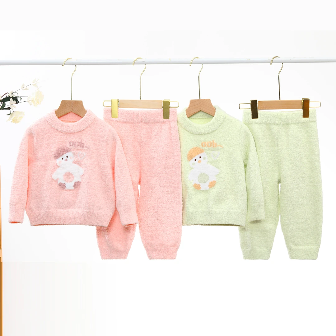 米巴布秋冬儿童新款软绵绵中小男女童舒适居家可爱鸭圆领套装9003