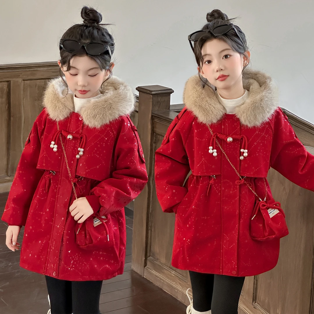 女童红色年服加绒皮外套冬装洋气收腰派克服仿皮草棉服加厚皮衣潮