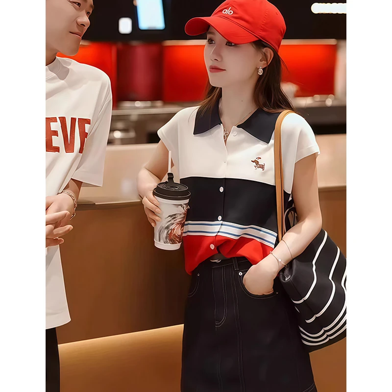 夏季新款宽松百搭polo领洋气短袖冰丝针织衫女装气质撞色拼接上衣