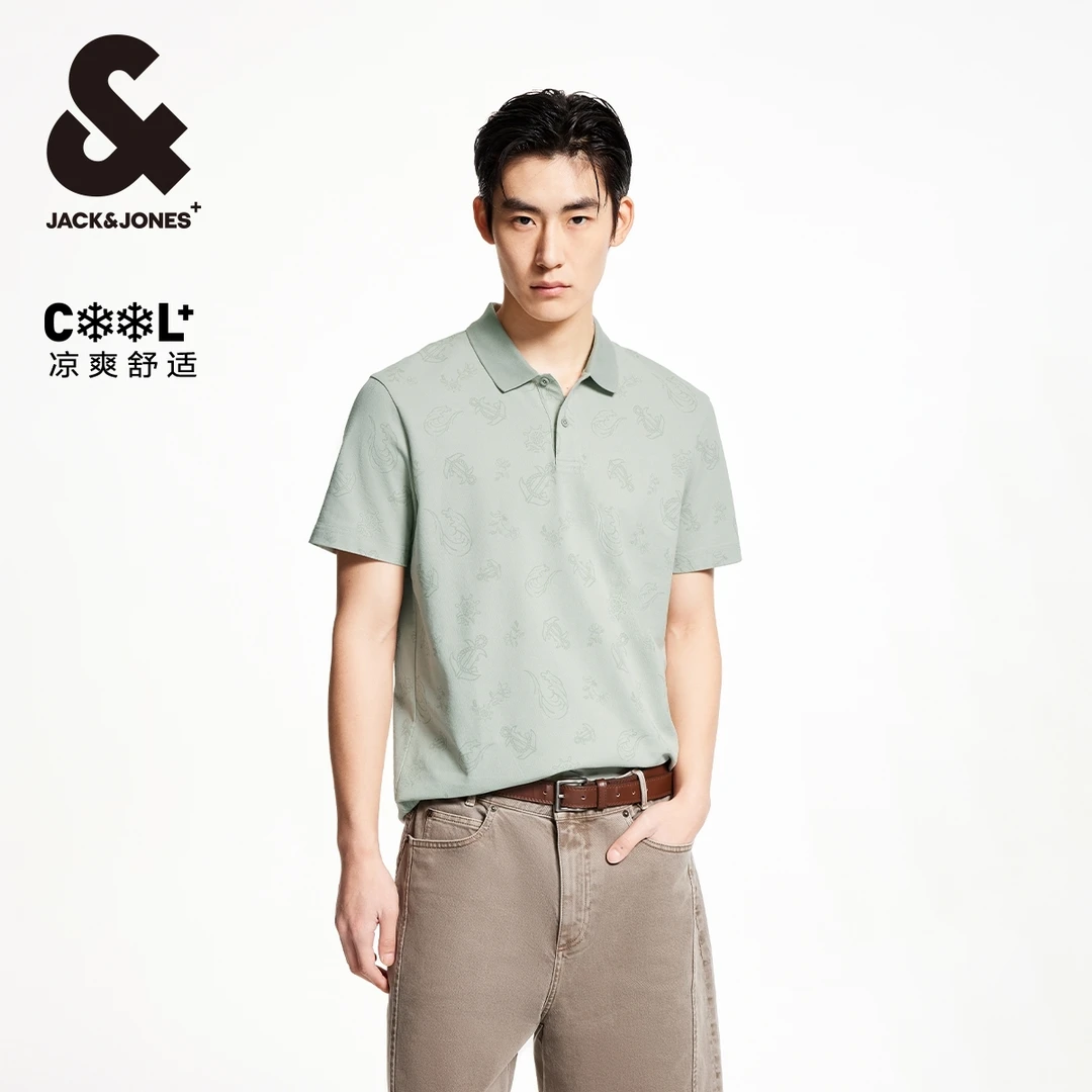 【凉感】杰克琼斯夏季时尚百搭舒适面料衣身满印短袖上衣polo衫男