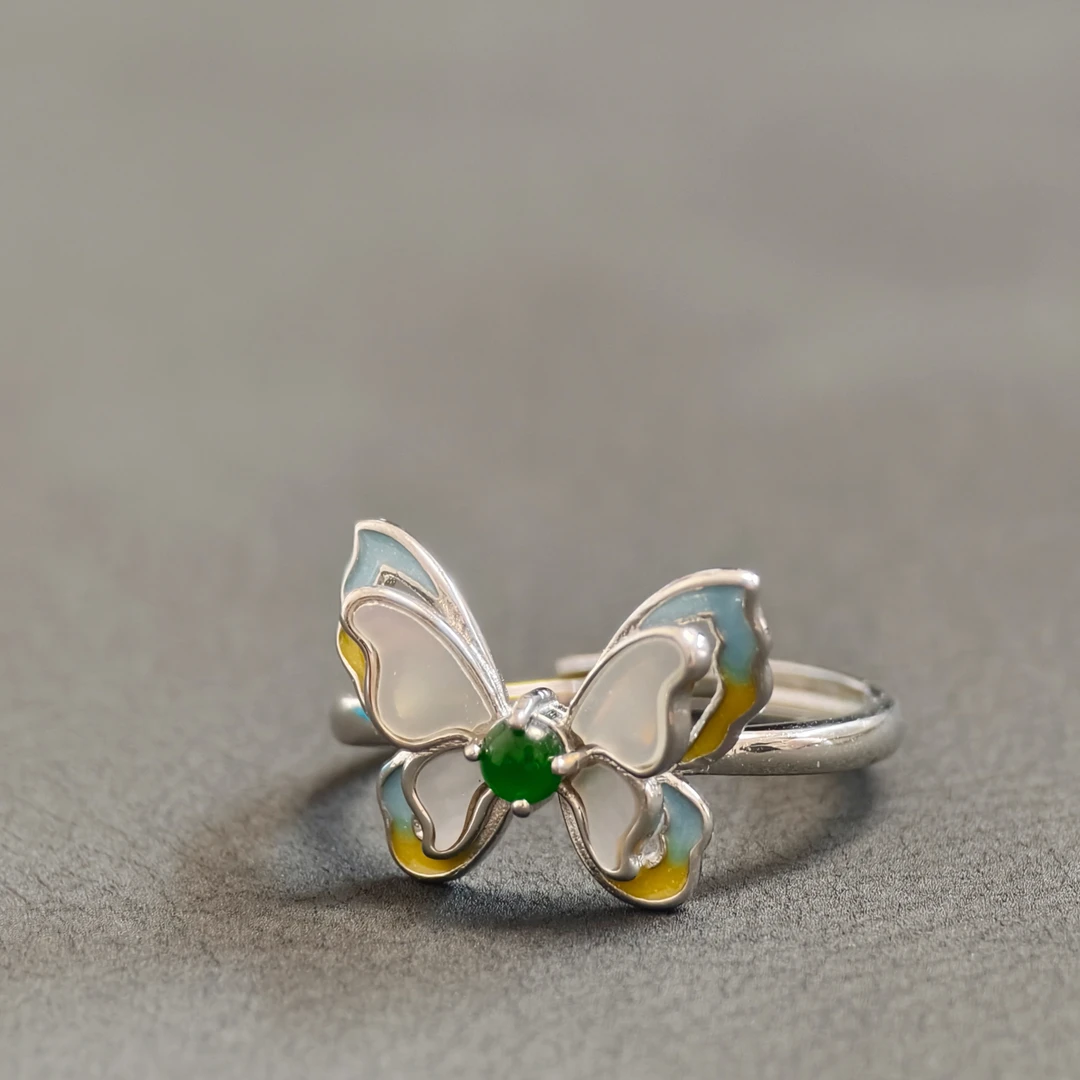 【春日序蝶】天然A货翡翠蓝水蝴蝶戒指FY659