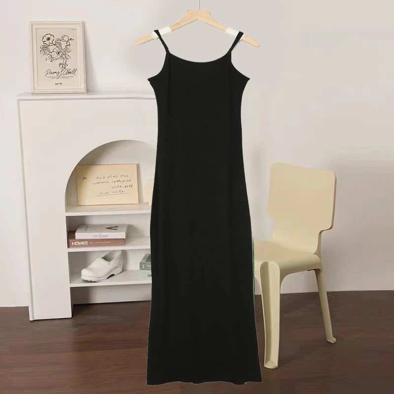 过膝长款时尚舒适内搭圆领可调节吊带女连衣裙沙滩裙休闲叠穿S382