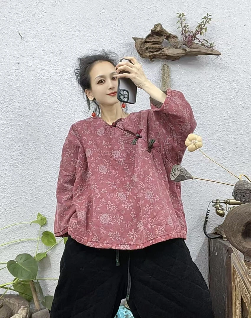 25582夹棉圆领斜盘扣花色套头棉袄上衣（长68胸围152