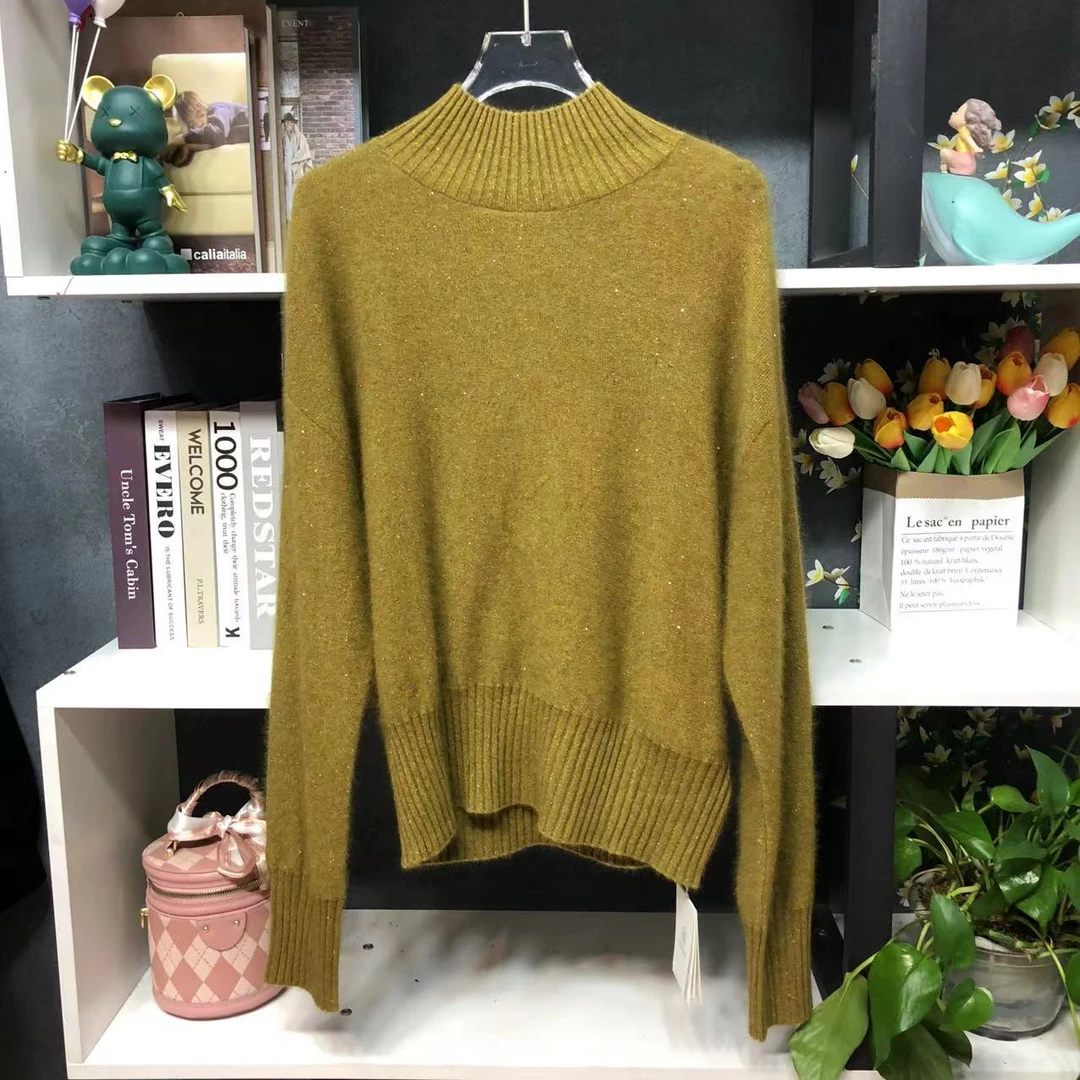 ML9131【品牌撤柜】高领显瘦长袖姜黄色亮丝半高领上衣