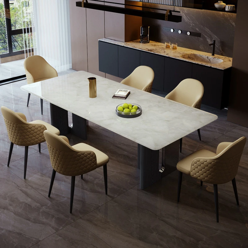 进口天然奢石冰河世纪餐桌长方形西餐桌现代简约浅色冰透玉石餐桌