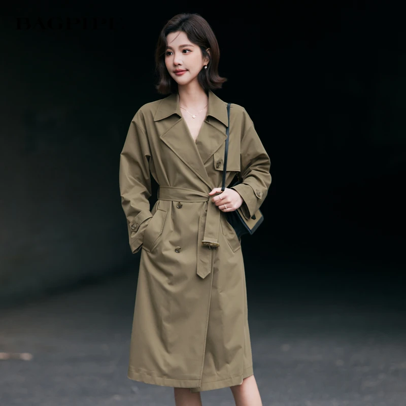 风笛2025秋季新款廓形风衣女气质百搭双排扣中长款宽松通勤外套