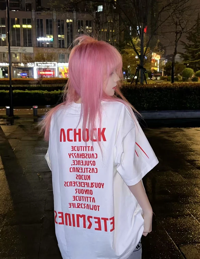 A家倒勾美式字母标语宽松短袖男女同款