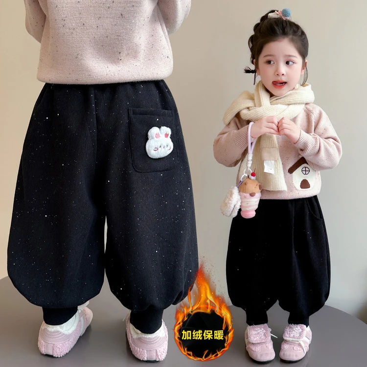 女小童加绒兔子卫裤秋冬款宝宝一体绒灯笼裤冬装儿童外穿加厚裤子