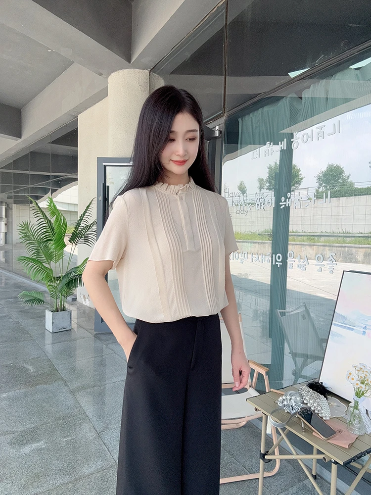小禾2025夏季新款6A级桑蚕丝23姆米鬼绉短袖木耳边衬衫