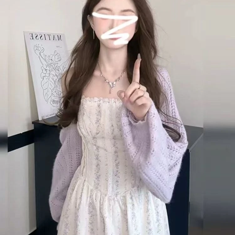 法式温柔风花边吊带连衣裙女春夏新款温柔针织开衫两件套装