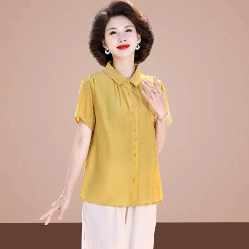 8968-中年夏装纯色短袖衬衫T恤新款女夏季时尚洋气小衫【B仓东】