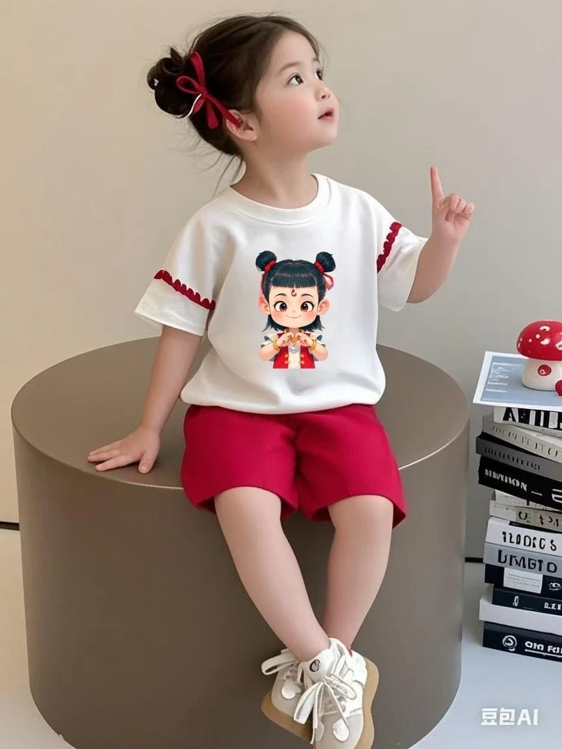 闪灯爆款哪吒飞袖套装卡通动漫童装夏季套装卡通夏装时尚两件套