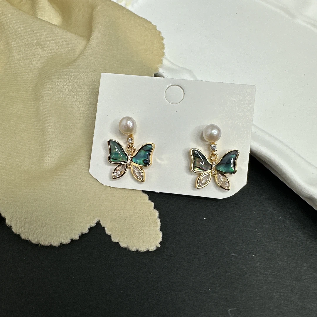 天然淡水珍珠309#鲍鱼贝蝴蝶白珠耳环百搭7-8m