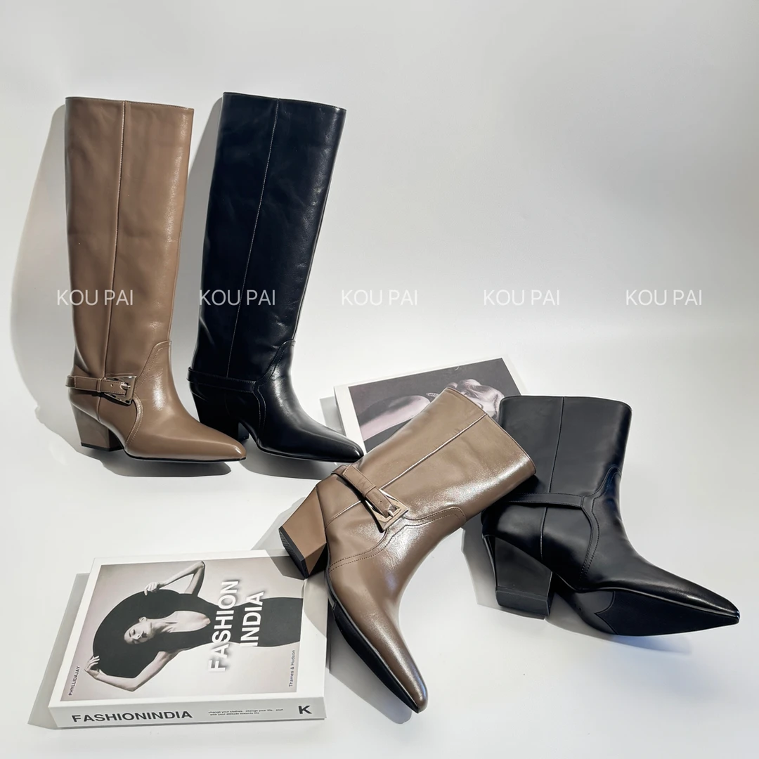 【蔻牌女鞋】6cm长短靴秋冬新款尖头粗跟瘦瘦靴时尚百搭气质时装靴