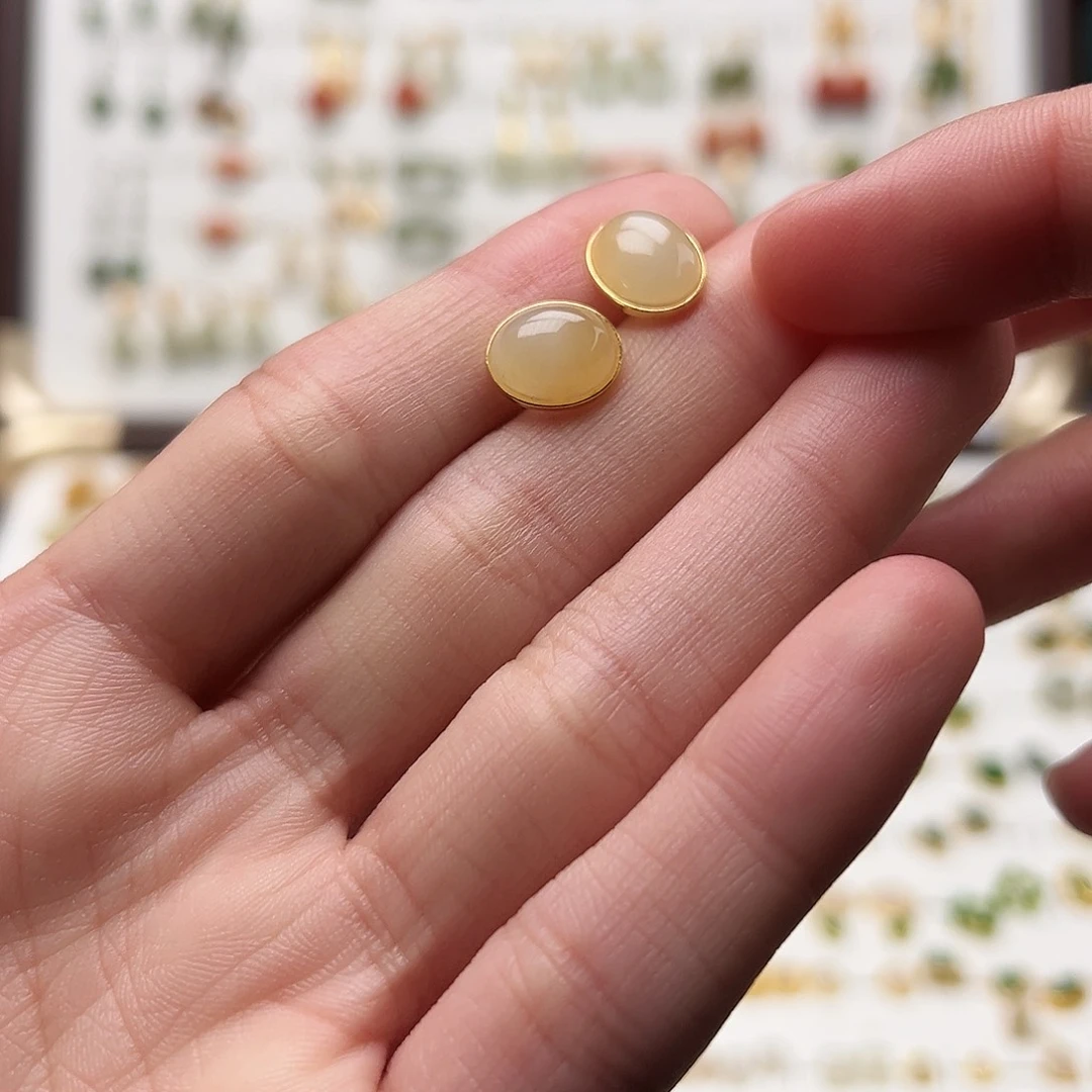 银S925镀金镶嵌和田玉耳饰