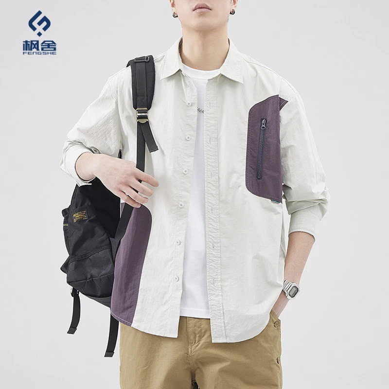 免烫纯色拼色透气多口袋男士衬衣衬衫简约百搭长夏日通勤休闲穿搭