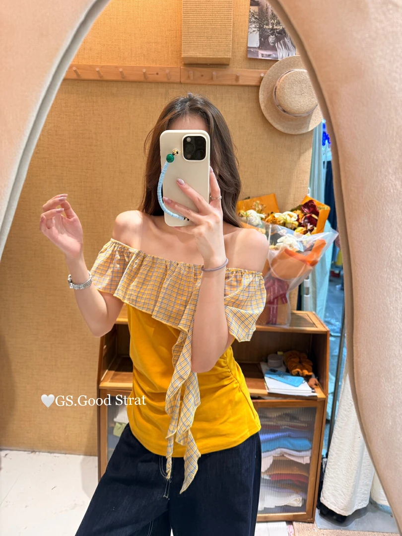 2025夏季气质小女人度假风格字拼接一字肩小衫T恤女修身显瘦上衣