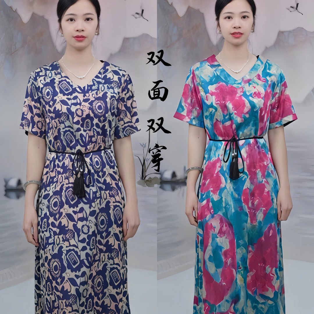 7051 夏季时尚休闲女士气质双面双穿国风百搭中长款女款连衣裙