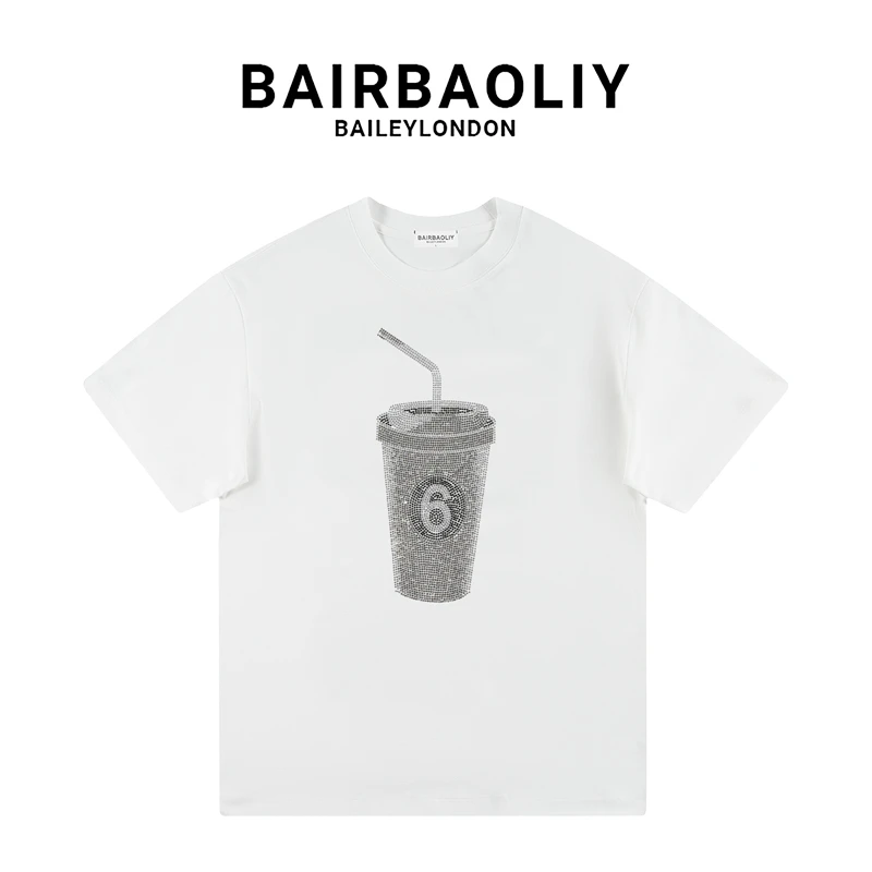 BAIRBAOLIY2025创意满钻6号杯潮牌痞帅街拍酷帅短袖T恤男女同款