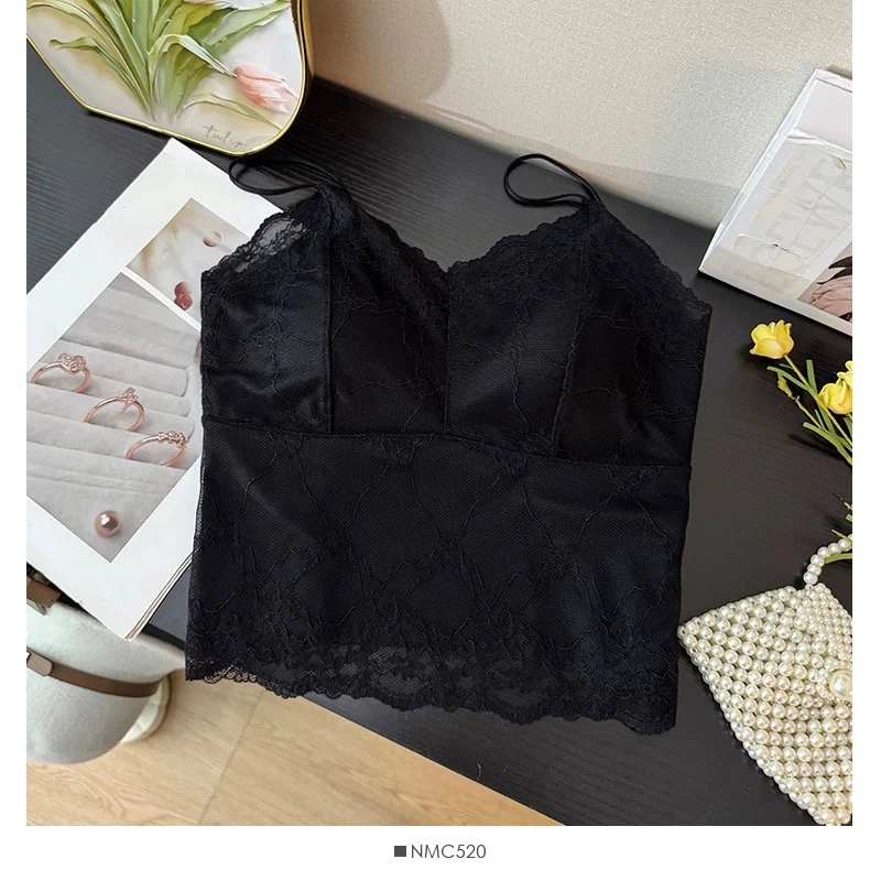 性感蕾丝美背自带胸垫通勤网红短款百搭打底夏季黑色聚拢