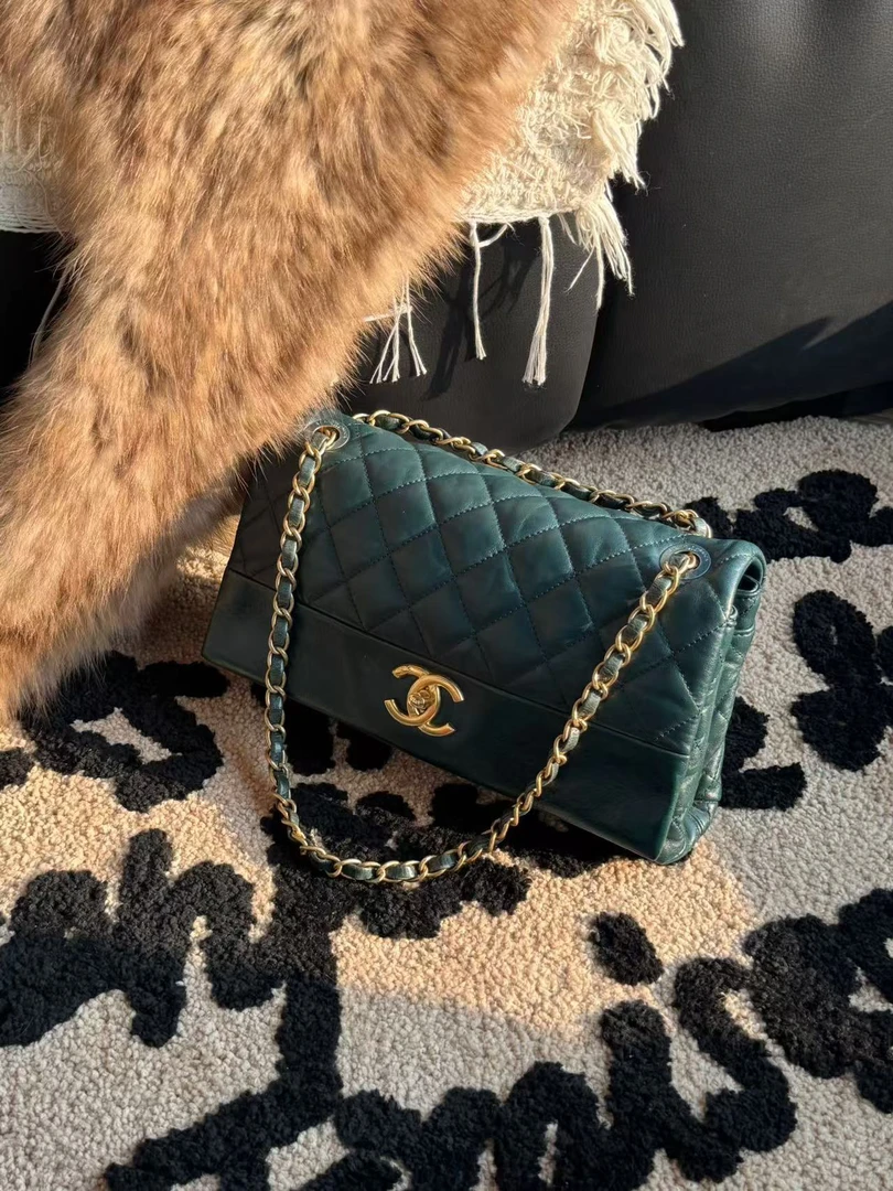 95新 Chanel/香奈儿 cf 墨绿拼接 口盖包 25cm 5236288