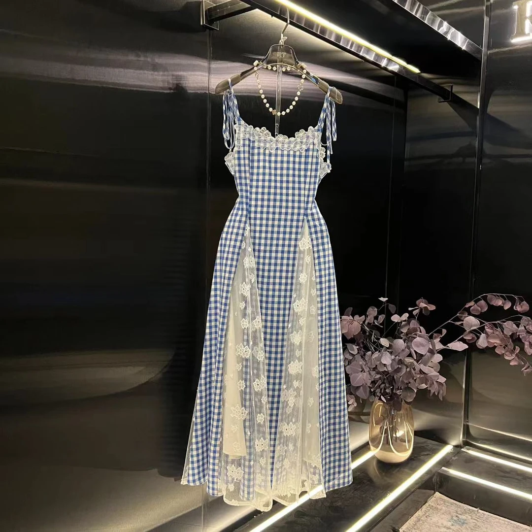 roiltrou2025小众田园风拼接蕾丝千鸟格显瘦连衣裙ZA1525112742